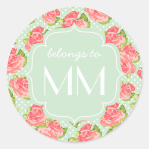 Elegant Retro Floral Pink Mint Girly Personalised Classic Round Sticker
