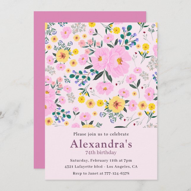 Elegant Retro Flowers 74th birthday invitations (Front/Back)