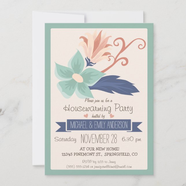 Elegant Retro Flowers; Floral Housewarming Party Invitation (Front)