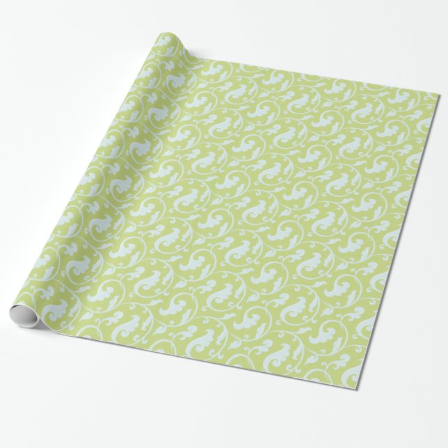 Elegant retro green and mint ornate swirls pattern wrapping paper (Unrolled)