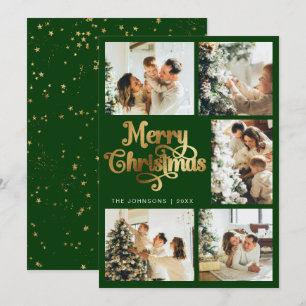 Elegant Retro Green & Faux Gold Christmas Family Holiday Card