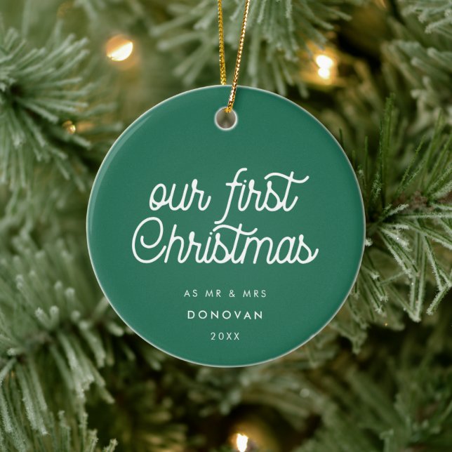 Elegant Retro Green Our First Christmas Photo Ceramic Ornament (Tree)