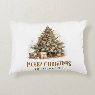 Elegant retro greenery and gold Christmas tree, Decorative Cushion