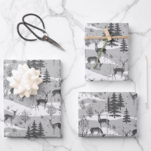 Elegant Retro Grey Woodland Deer Wrapping Paper Sheet