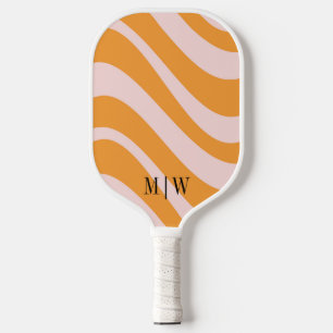 Elegant Retro Groovy Orange & White Monogrammed Pickleball Paddle
