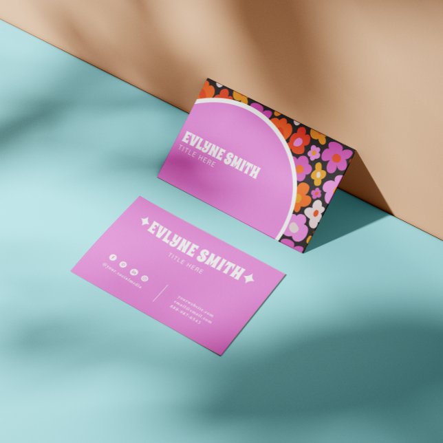 Elegant Retro Groovy Purple Colourful Floral Moder Business Card (Creator Uploaded)