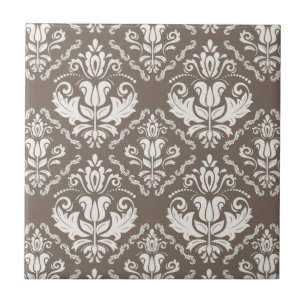 Elegant Retro Ivory Damask Brocade Brown Pattern Ceramic Tile
