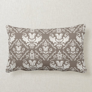 Elegant Retro Ivory Damask Brocade Brown Pattern Lumbar Cushion