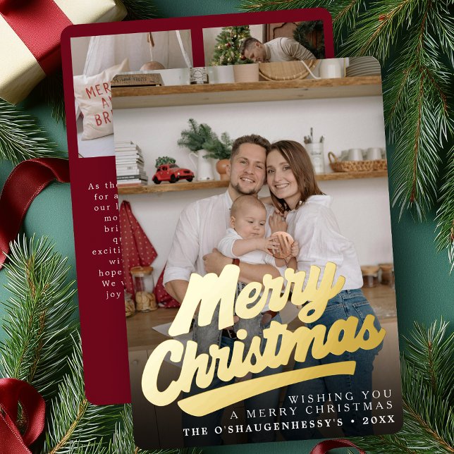 Elegant Retro Merry Christmas Script Photo Foil Holiday Card (Creator Uploaded)