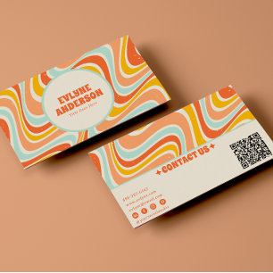 Elegant Retro Orange Blue QR Code Boho Chic Groovy Business Card