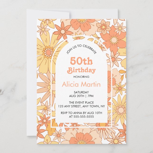 Elegant Retro Orange Peach Flora 50th Birthday Invitation (Front)