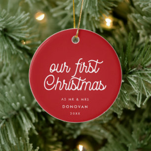 Elegant retro Our First Christmas Red photo Ceramic Ornament
