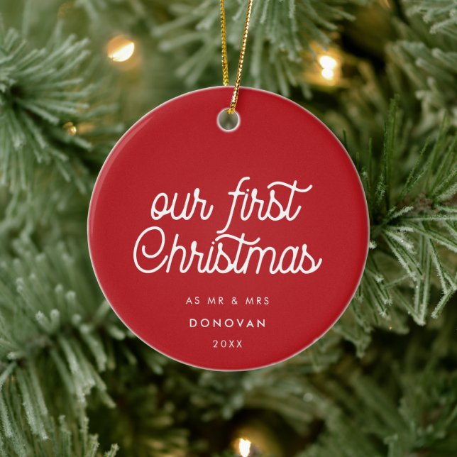 Elegant retro Our First Christmas Red photo Ceramic Ornament (Tree)