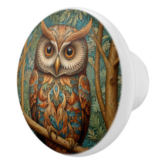 Elegant retro owl boho bohemian forest greenery ceramic knob