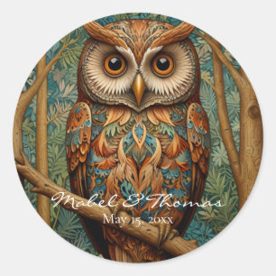 Elegant retro owl boho bohemian forest greenery  classic round sticker