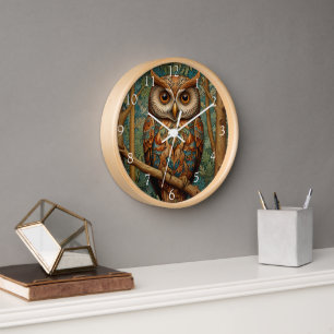 Elegant retro owl boho bohemian forest greenery clock