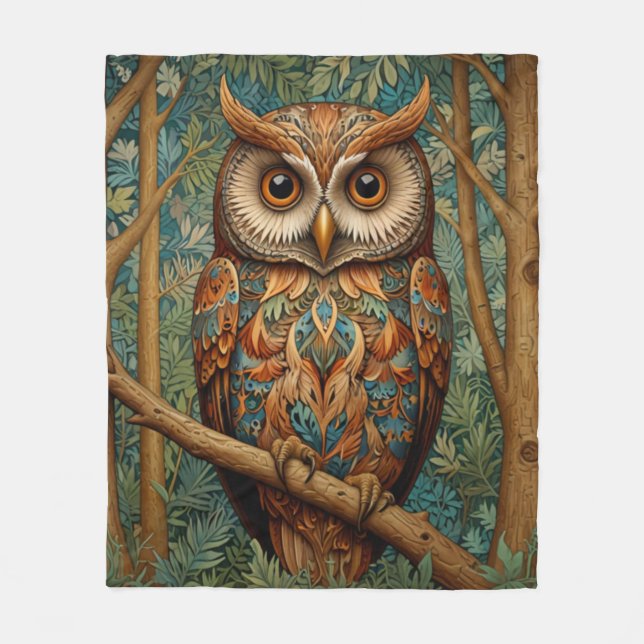Elegant retro owl boho bohemian forest greenery  fleece blanket (Front)