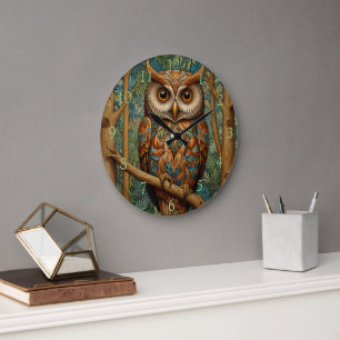Elegant retro owl boho bohemian forest greenery  large clock