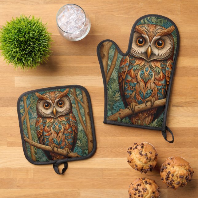 Elegant retro owl boho bohemian forest greenery  oven mitt & pot holder set (Top Down)