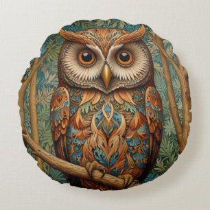 Elegant retro owl boho bohemian forest greenery round cushion