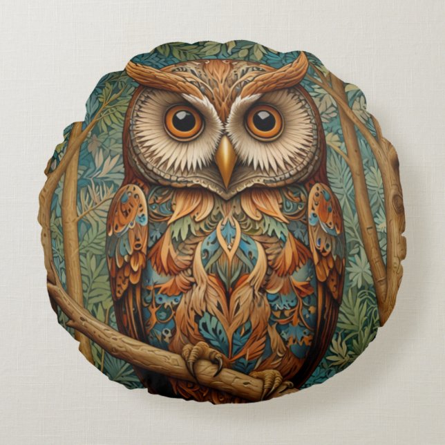 Elegant retro owl boho bohemian forest greenery  round cushion (Front)