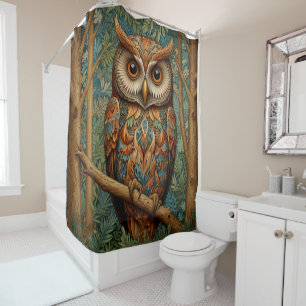 Elegant retro owl boho bohemian forest greenery shower curtain