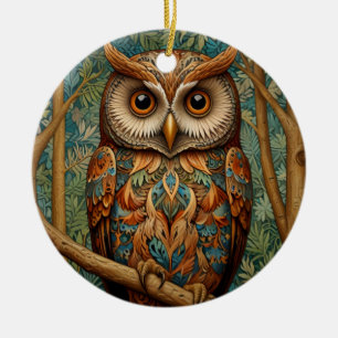 Elegant retro owl forest greenery ceramic ornament
