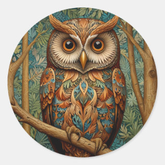 Elegant retro owl forest greenery  classic round sticker