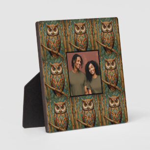 Elegant retro owl forest greenery photo template plaque
