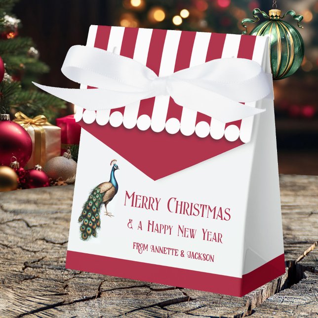 Elegant Retro Peacock Christmas Gift Box (Christmas gift box featuring an elegant peacock with retro burgundy awning - home made cookies)