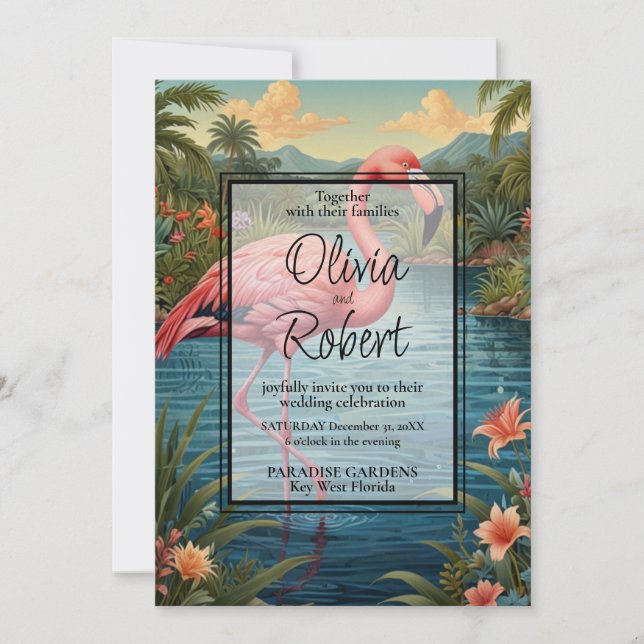 Elegant retro pink flamingo tropical boho garden invitation (Front)