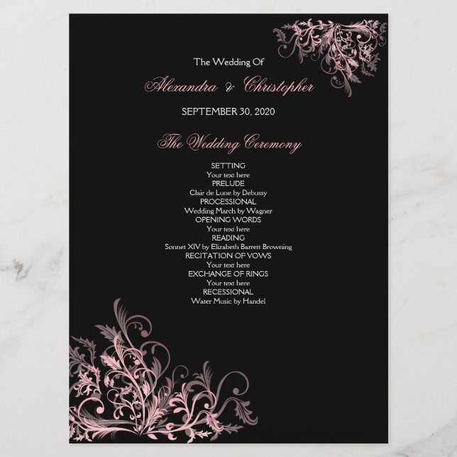 Elegant Retro Pink Flower Swirl Wedding Program (Front)