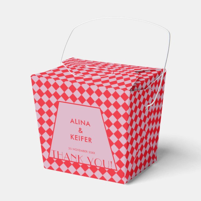 Elegant Retro Pink & Red Chequered Wedding  Favour Box (Front Side)