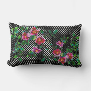 Elegant retro polka dot watercolor red roses lumbar cushion