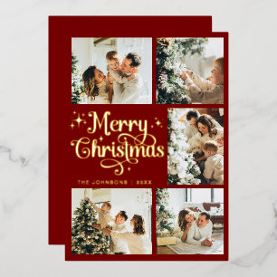 Elegant Retro Red & Gold Merry Christmas Family Foil Holiday Card
