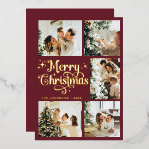 Elegant Retro Red & Gold Merry Christmas Family Foil Holiday Card