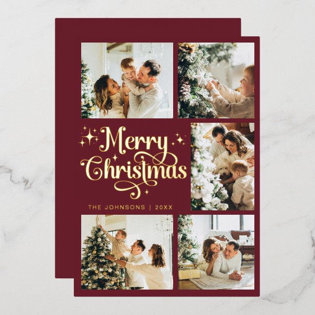 Elegant Retro Red & Gold Merry Christmas Family Foil Holiday Card (Front/Back)