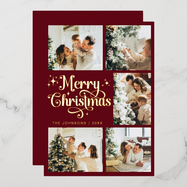 Elegant Retro Red & Gold Merry Christmas Family Foil Holiday Card (Front/Back)