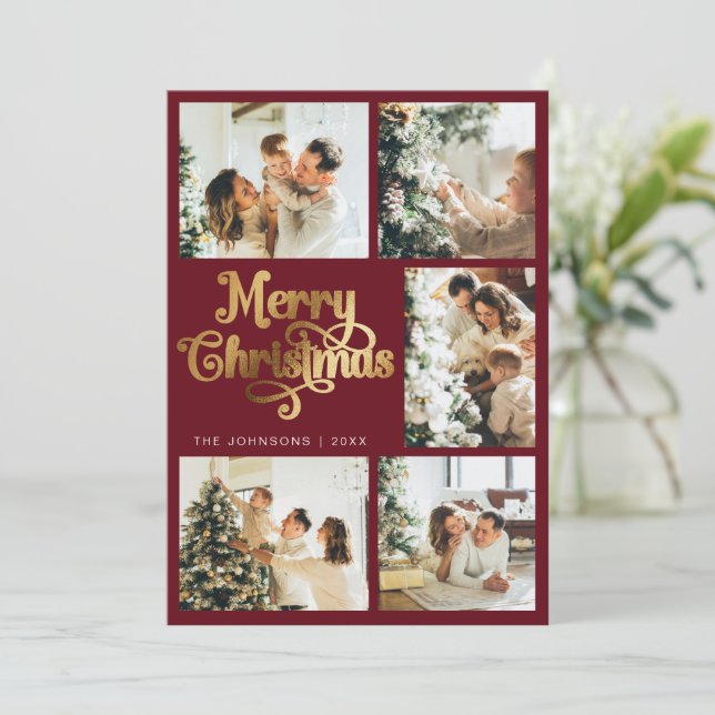Elegant Retro Red & Gold Merry Christmas Family Holiday Card (Standing Front)