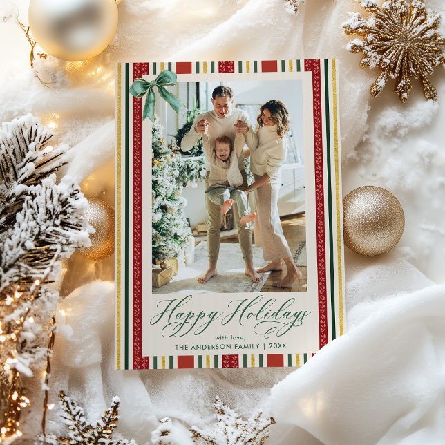 Elegant Retro Stripes Bow Happy Holidays 1 Photo Holiday Card (Creator Uploaded)