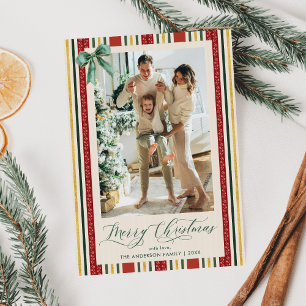 Elegant Retro Stripes Bow Merry Christmas 1 Photo Holiday Card