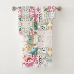 Elegant Retro Teal & Pink Marble Fluid Art Mosaic Bath Towel Set