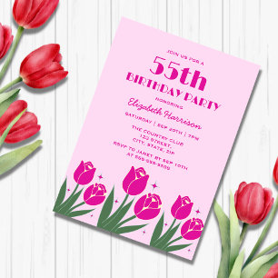 Elegant Retro Tulip Floral Magenta Pink Birthday Invitation