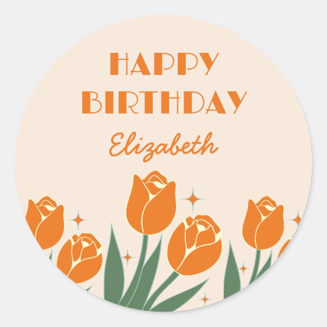 Elegant Retro Tulip Floral Orange Birthday  Classic Round Sticker (Front)