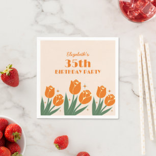 Elegant Retro Tulip Floral Orange Birthday  Napkin