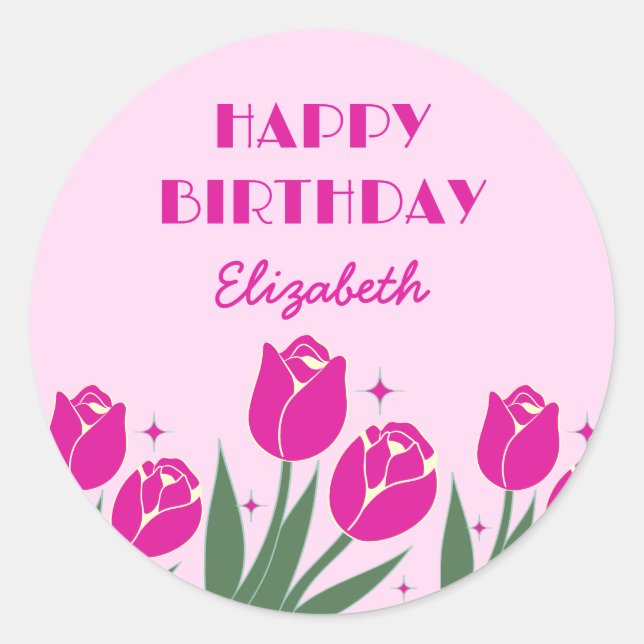 Elegant Retro Tulip Floral Pink Birthday  Classic Round Sticker (Front)