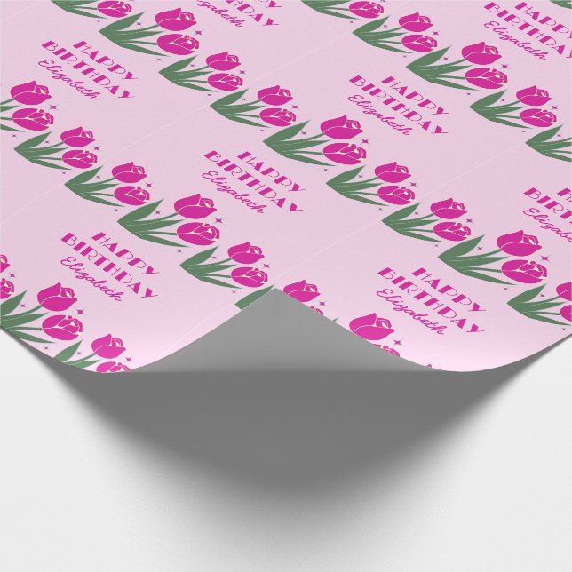 Elegant Retro Tulip Floral Pink Birthday  Wrapping Paper (Corner)