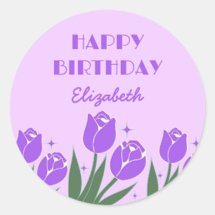 Elegant Retro Tulip Floral Purple Birthday  Classic Round Sticker
