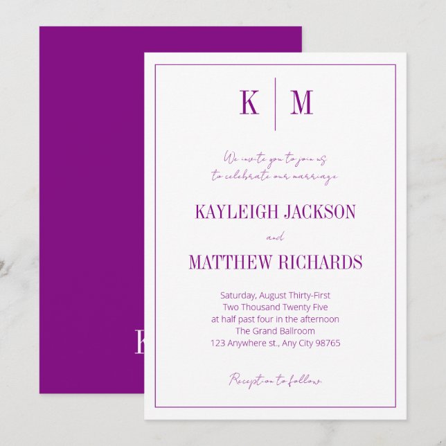 Elegant Retro Vibrant Purple Monogram Wedding  Invitation (Front/Back)