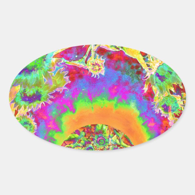 Elegant retro watercolor sunflower fields oval sticker (Front)